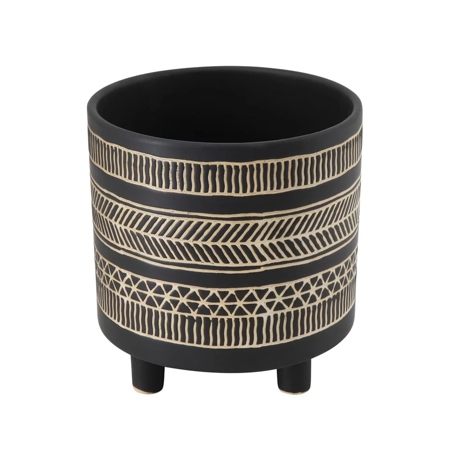 8" Stoneware Flower Pot w/ Black Pattern