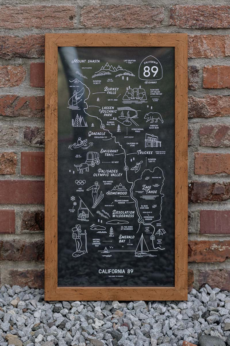 California 89 Framed Road Map | Tahoe Wall Art