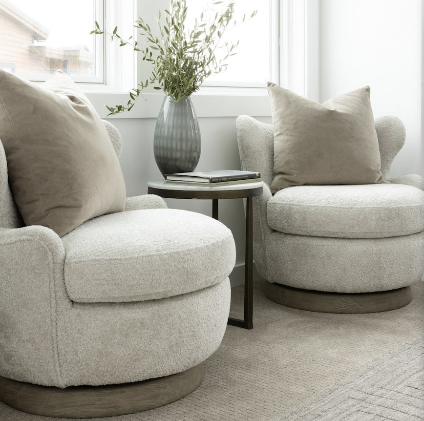 Luna Swivel Occasional Chair, Feathered Steel and Dusted Stone 34"W x 34"D x 32.5"H