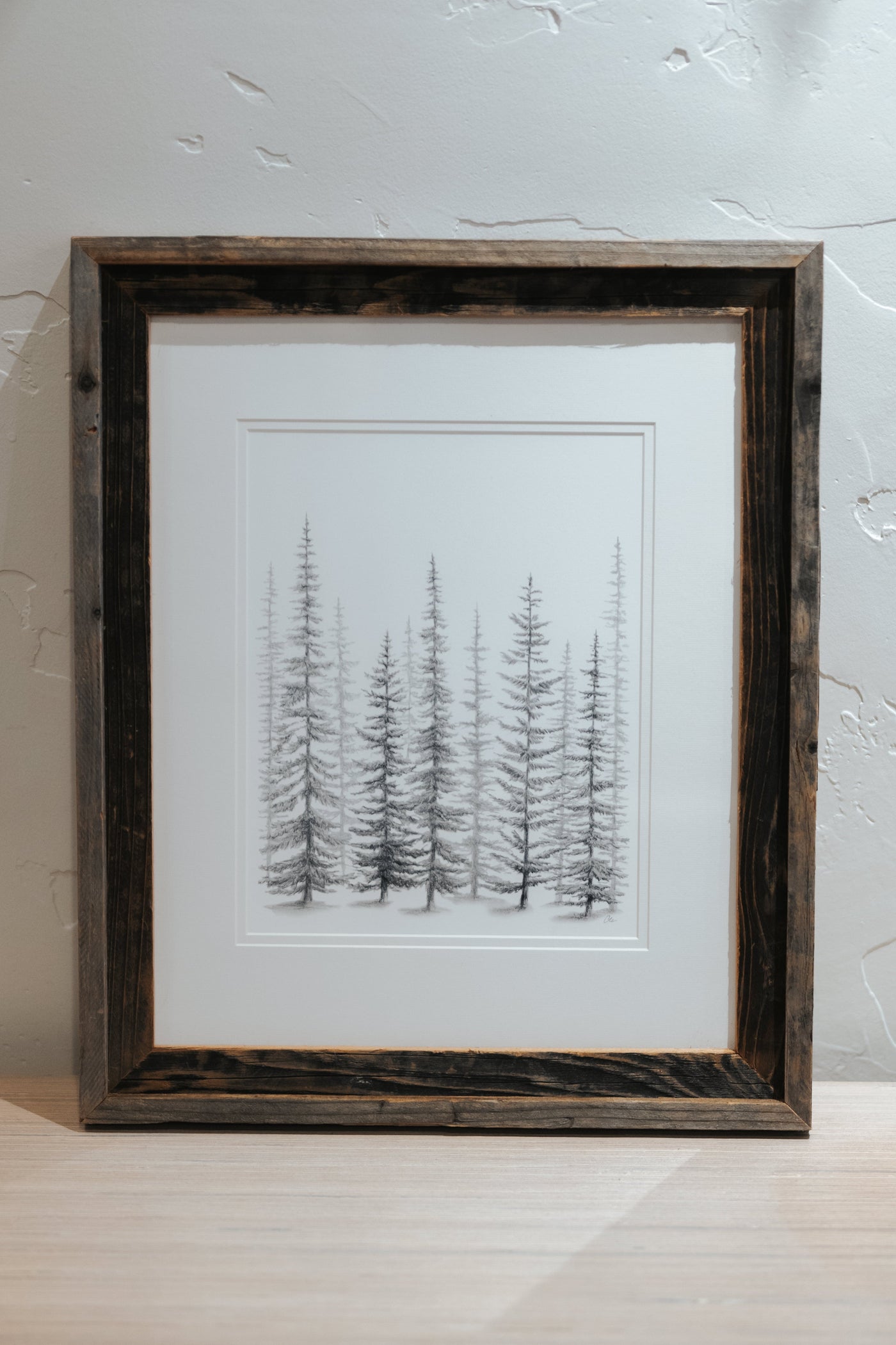 16 x 20 Sketched Pine Trees Print Framed with Matte