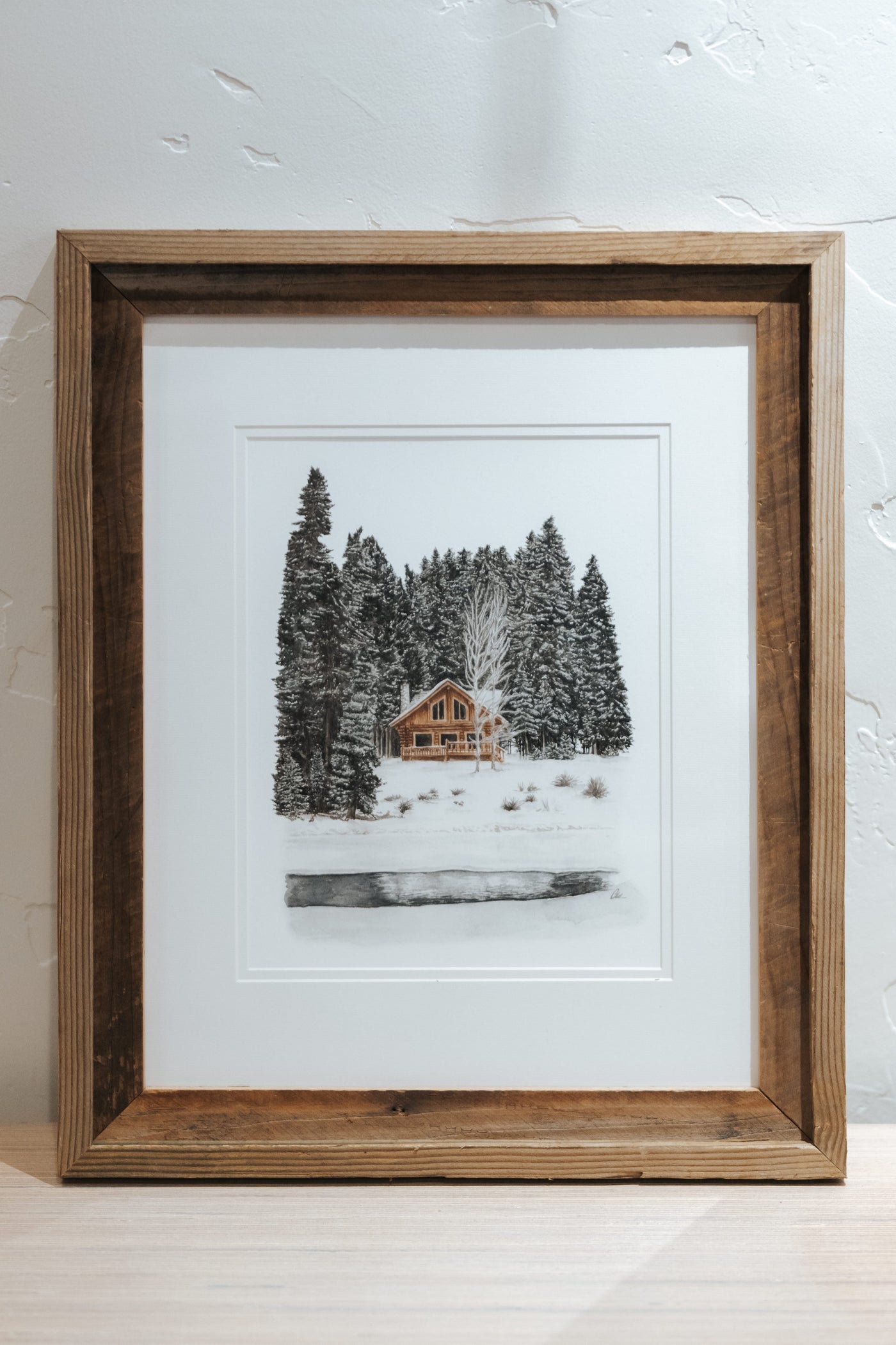 16 x 20 Snowy Cabin Print Framed with Matte