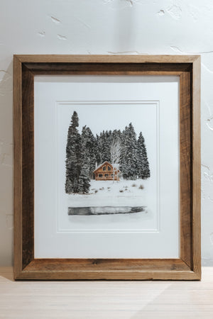 16 x 20 Snowy Cabin Print Framed with Matte